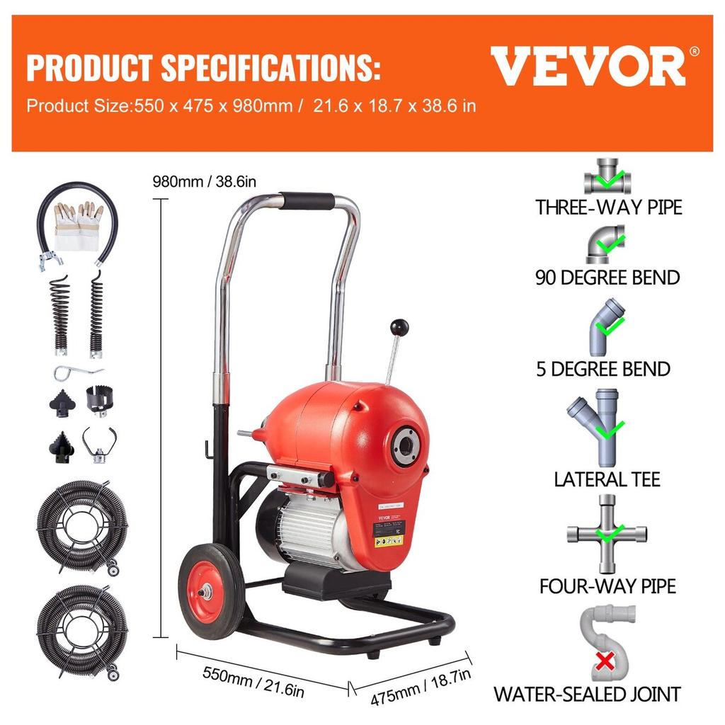Drain Cleaner Machine 120FT x 6/5" 1100W Sectional Snake Auger Manual Feed