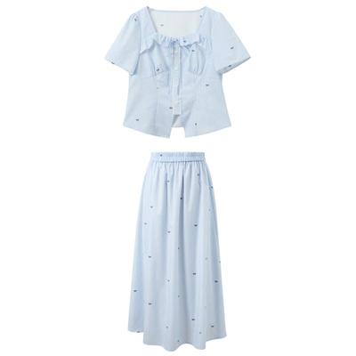 Sancai 2026 Summer Plus Size Square Collar Bowknot Striped Two-Piece Set