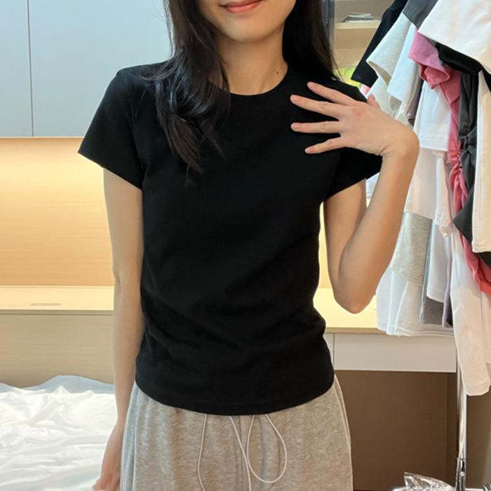 Cotton Shoulder Short Sleeve T-Shirt Women's Summer Casual Versatile Slim Top T-Shirt Black Skinny Basic Bottom Shirt
