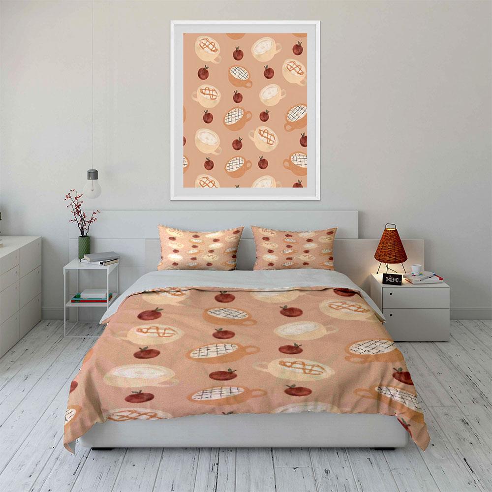 Coffee and Apple Design Set Bedding Set with 1 Duvet Cover 2 Pillowcases Single Double King Queen, Gift