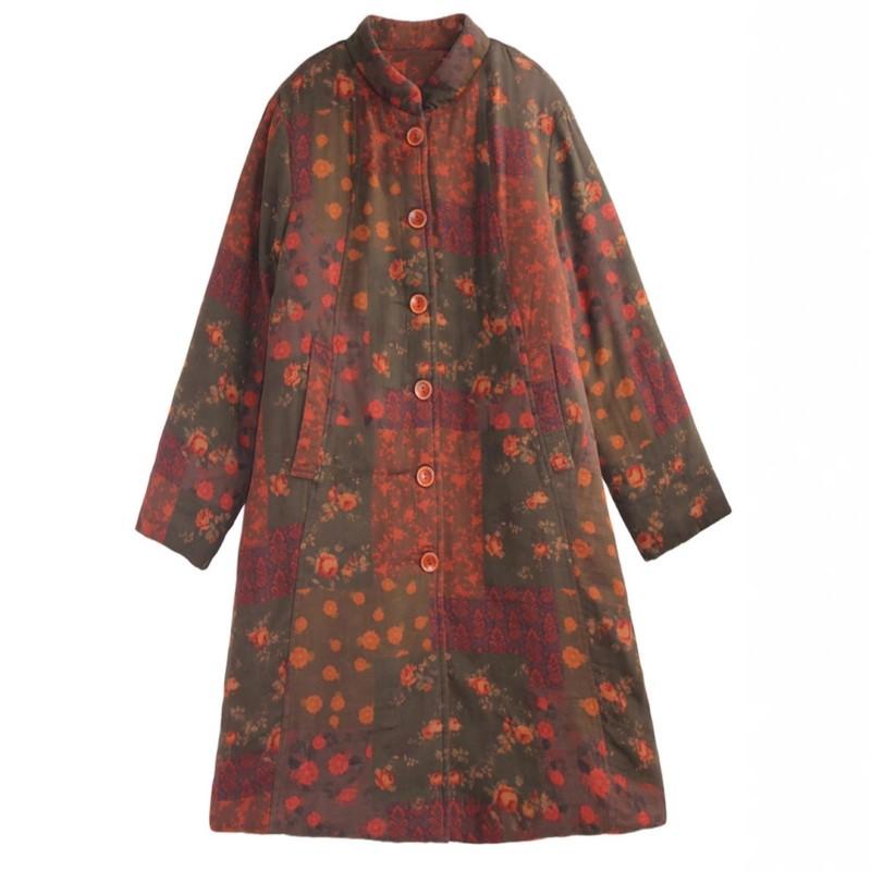 Johnature Women Vintage Stand Print Floral Button Long Sleeve Coats Winter Warm Chinese Style Female Coats