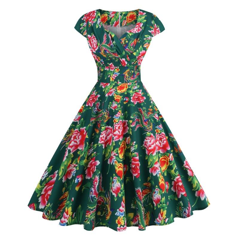 Women's Vintage Summer V-Neck Short Sleeve Big Safflower Printed Pendulum Dress