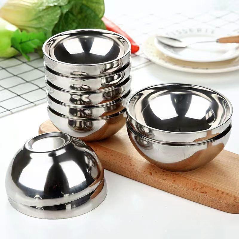 Stainless Steel Threaded Rice Bowl Dough Round Soup Double Layer Insulated Ramen Bowls Home Tableware Kitchen Accessories