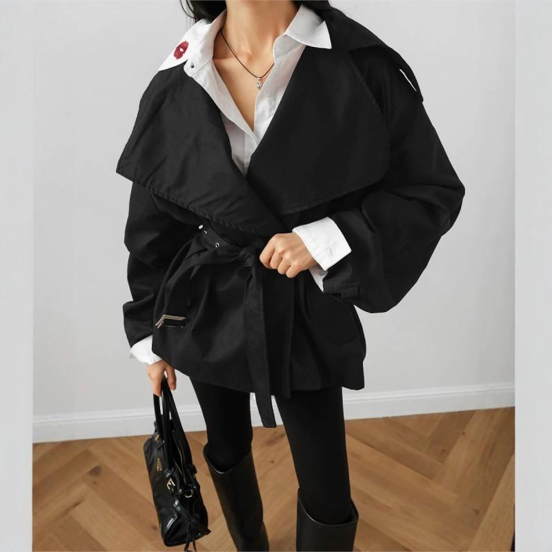 2026 Fall Winter Womens Trench Coat Slim Belted Oversized Lapel Street Style Commute Outerwear