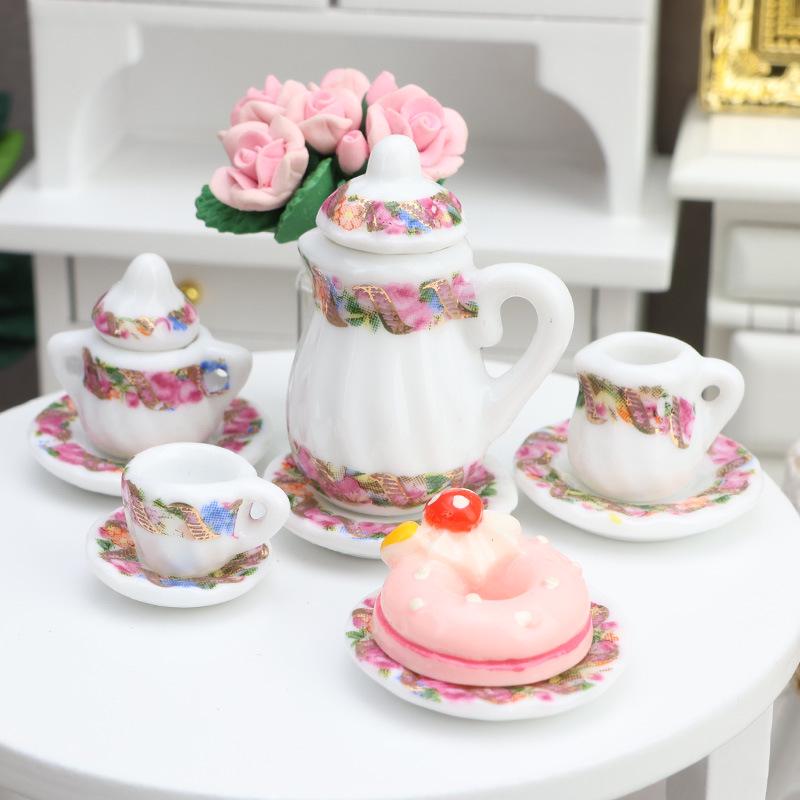 1:12 Dollhouse Miniature Porcelain Tea Set - 15-Piece Toy Model Gift, Multiple Styles Available