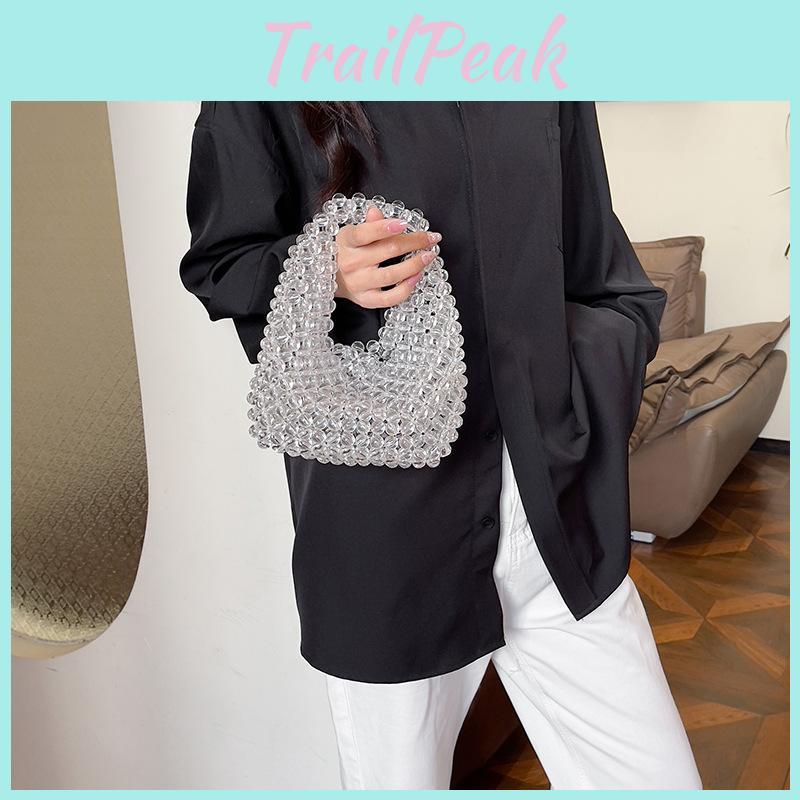 Pu Beading Woven Small Clutch Bag Pearl Embellishments Internal Parties Pocket