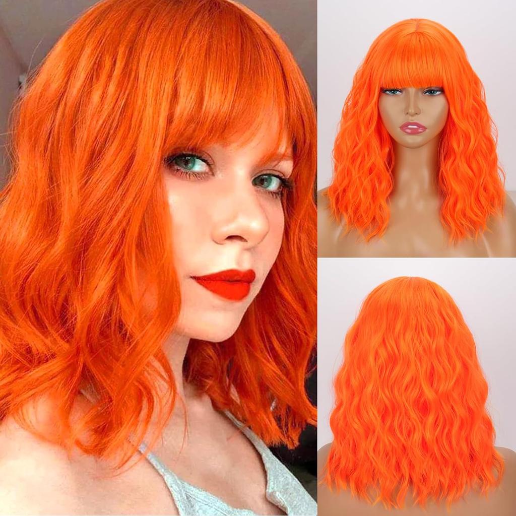 Short Pink Wigs for Women Short Wavy Light Pink Wigs with Bangs