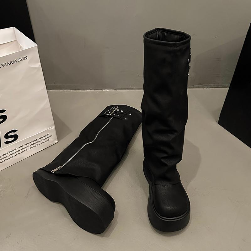 Fashion Vintage Platform Thick Bottom Woman Knight Boot Fashion Belt Buckle Ladies Autumn Winter Knee High Booties