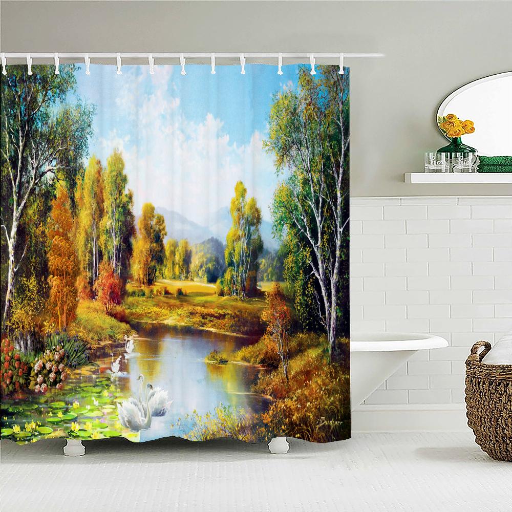 Natural landscape Shower Curtain Decor Waterproof Fabric Bathroom Curtains Painting Forest Seaside Scenery Bath Screen with Hook