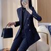 Trendiges gestreiftes Anzugset für Damen Marineblauer Blazer und Hose Zweiteilig Arbeitskleidung Büro Dame Mode Lässig