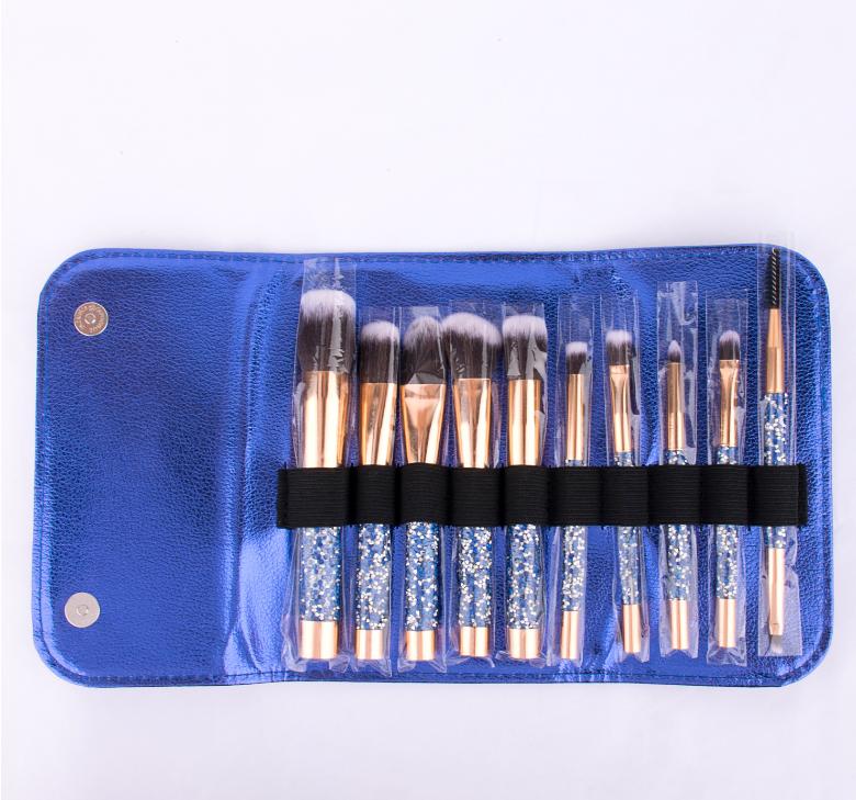 HMU Rubber Handle 10pcs Beautiful Rhinestone Elegant Glitter Bling Make up Brush With Case