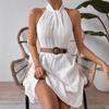 Summer Halter Neck Textured Stripe Sleeveless Mini Dress
