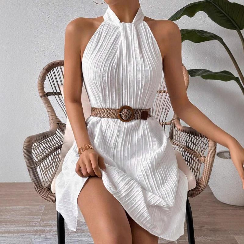 Summer Halter Neck Textured Stripe Sleeveless Mini Dress