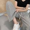 2026 Women's Black & White Striped High Waist Casual Wide-Leg Pants