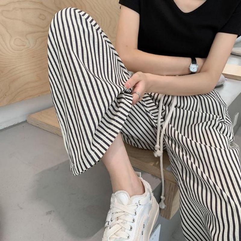 2026 Women's Black & White Striped High Waist Casual Wide-Leg Pants