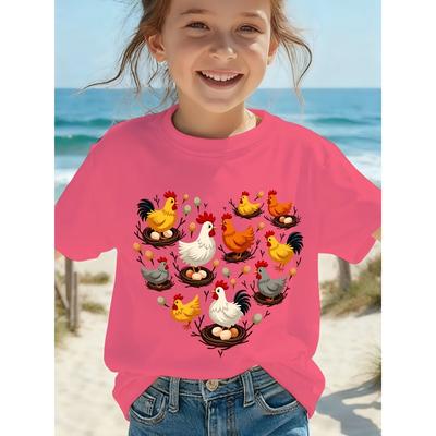 T-shirt da bambina a girocollo a maniche corte, taglia europea, con motivo di pollo a cartoni animati