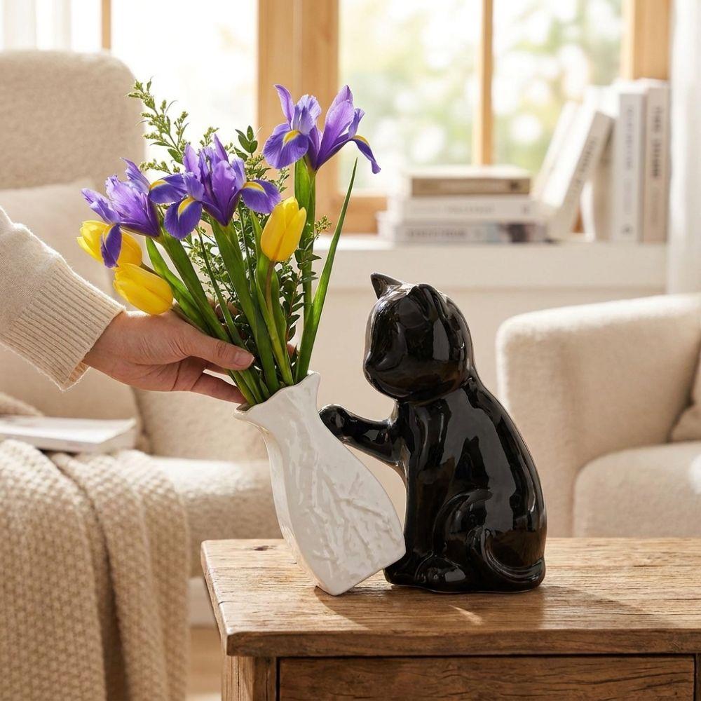 Unique Cat Pushing Vase Ceramic Flower Container Kitten with Tilted Flower Vase Shelf Decoration