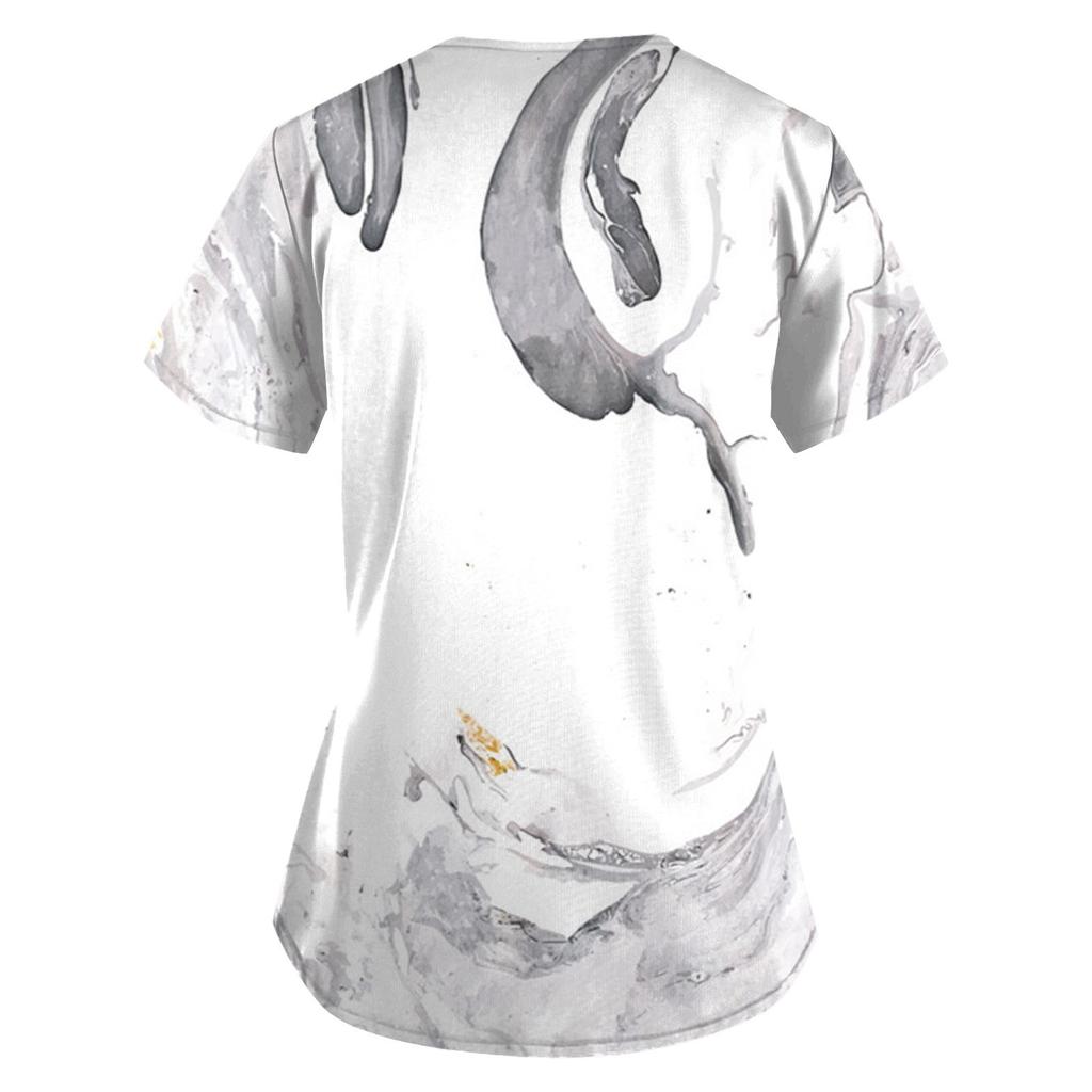 Women Fashion Spring And Summer Oil Painting Print V-neck Short Sleeve Workwear With Pockets Tops