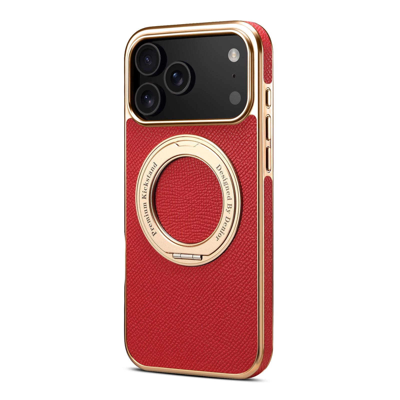 

Cowhide Leather Gear Bracket Phone Case For iPhone 17 Pro Max 17air 16 Pro 15 14 13P Electroplated Magnetic Rotation Ring Cover iPhone 13 Pro червоний