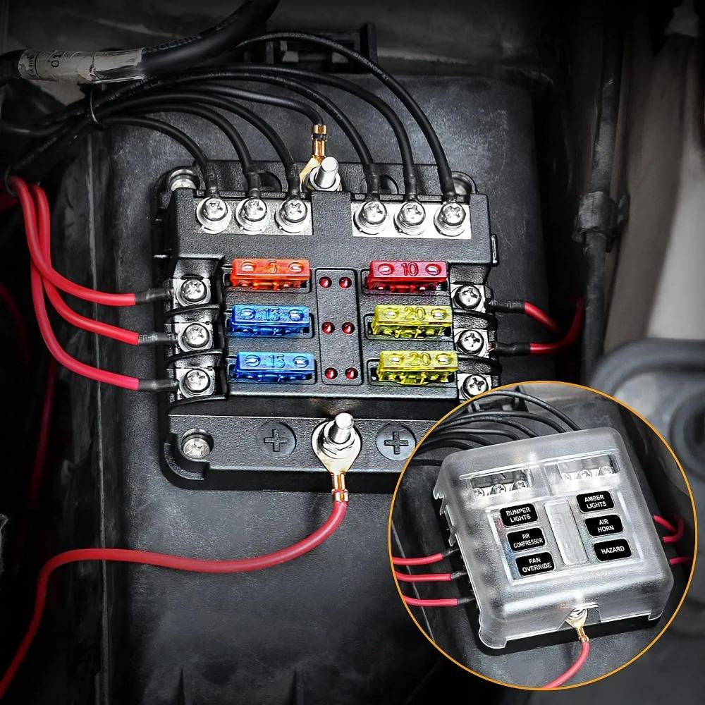 12V 6-Way Blade Fuse Block with  LED Indicator Waterproof Protection Cover and Label Sticker for Automotive Car Truck Trailer