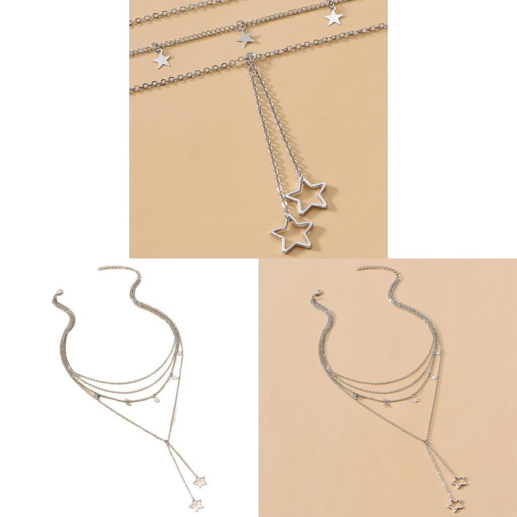 Starshaped Multilayer Chain Necklace With Silver Electroplated Finish For Women