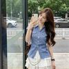 Koreanische Taillenraffung Slim Fit blau kariertes Kurzarmhemd Damen Sommer Karokleid Süßes und würziges kurzes Oberteil