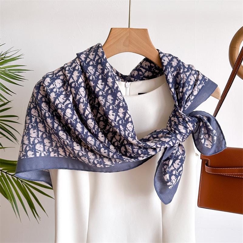 Korean Alphabet Versatile Professional 90Cm Imitation Silk Large Square Scarf Retro Printed Shawl Herringbone Scarf Headscarf Female