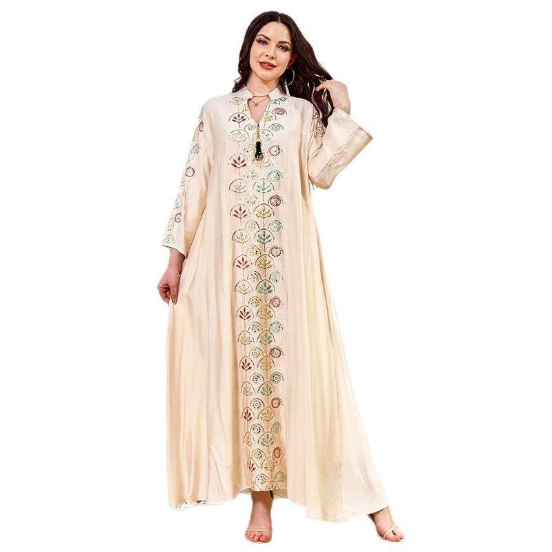Magic Queen Indonesia Dubai Fan-Shaped Sequin Embroidered Ninth Sleeve Women's Robe V Neck Tassel Dress Dress