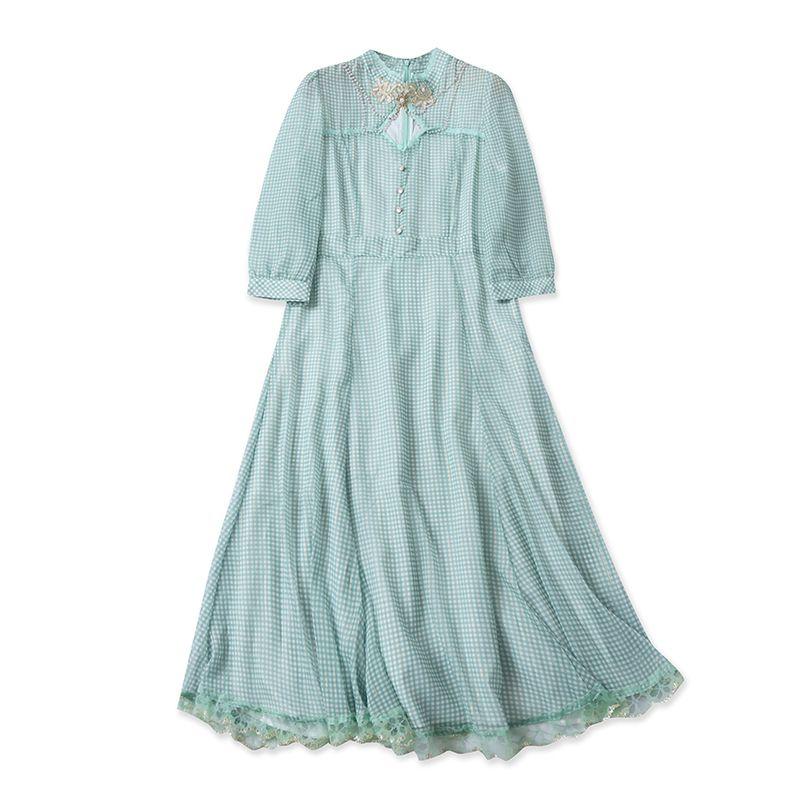 French style Vintage dress Summer New Foreign Trade Women clothes Small Stand Collar Heavy Industry Embroidery Beads Chiffon Dress 30760
