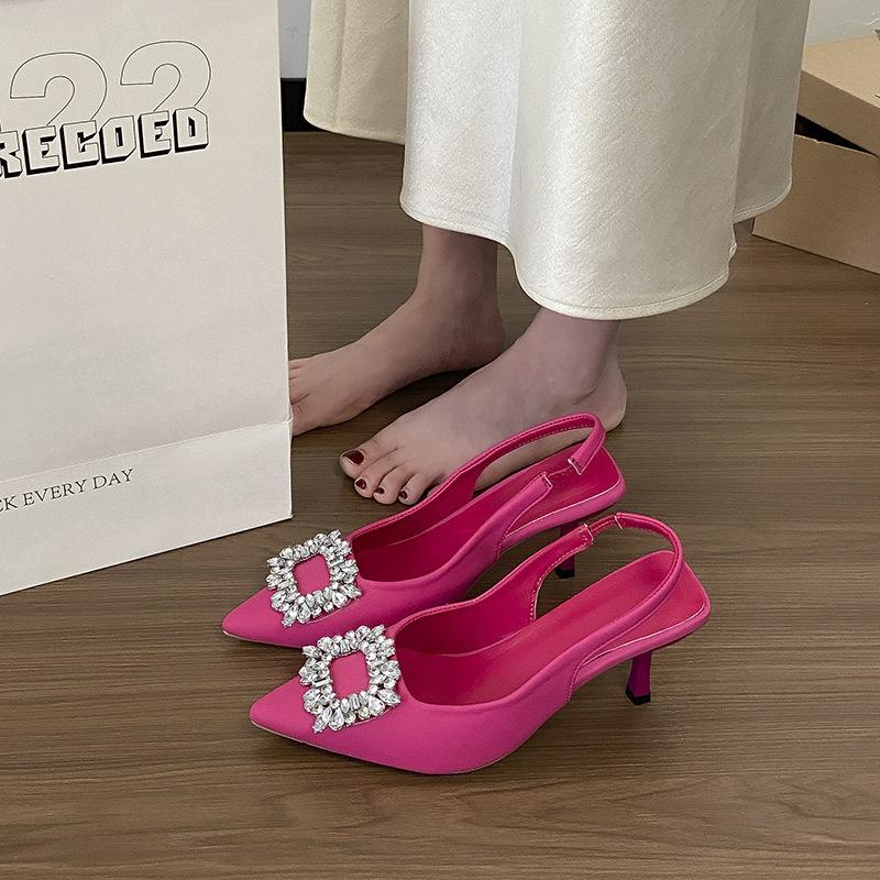 2025 new fairy purple bag head sandals high heels spring and summer pointed shoes thin heel French rhinestone single shoes
