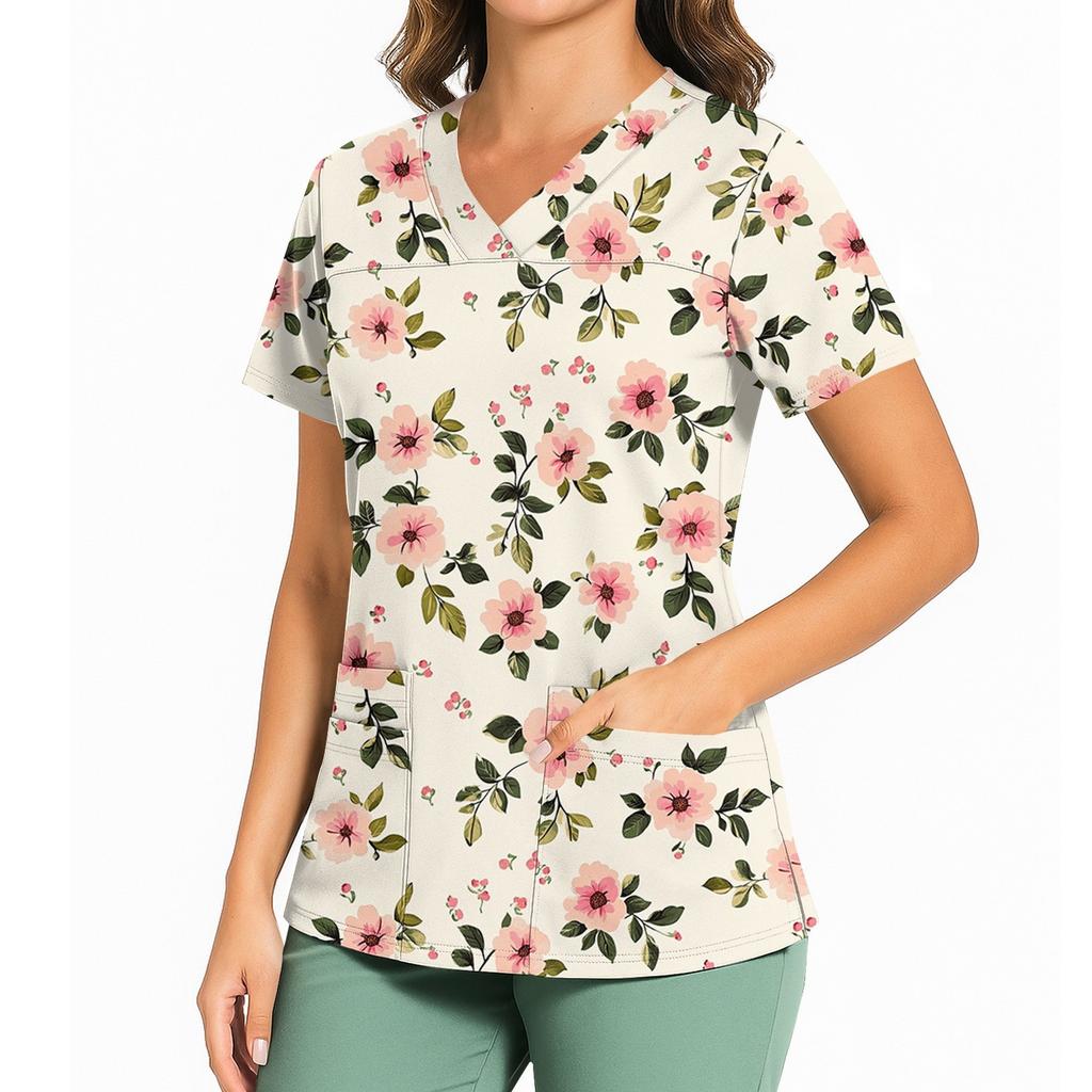 Kvinners avslappet trykket V-hals lomme sideslisse kortarmet topp kortarmet topp