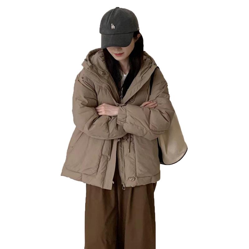 Hooded small down jacket women's short 2024 winter waist design sense pig nose buckle warm jacket tide