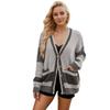 Women Fall and Winter Long Sleeve Color Block Loose Two Pocket Cardigan Button Knit Sweater Coadigan