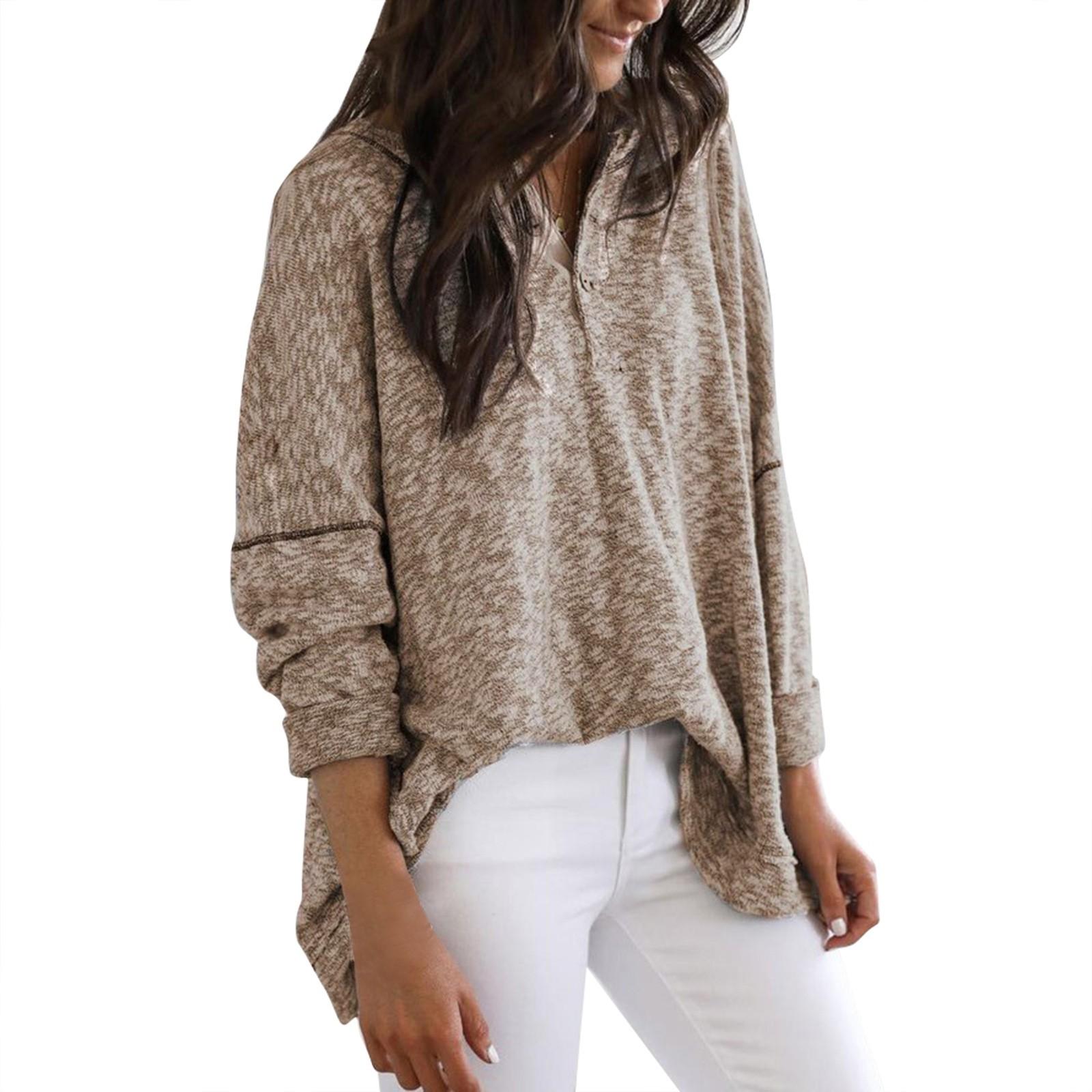 

Осенние женские топы с длинными рукавами, пуловер с v-образным вырезом и пуговицами, вязаный свитер, модный однотонный женский цвет M хаки