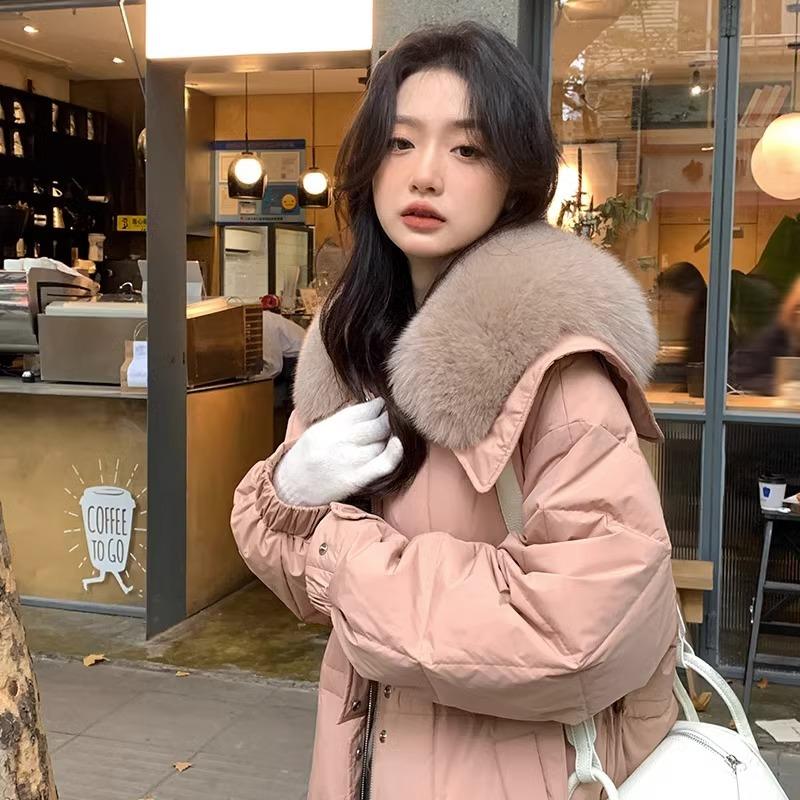 

Белый утиный пух, новый зимний пуховик, женский, средней длины, утолщенный, с большим меховым воротником, длинное пальто M розовый