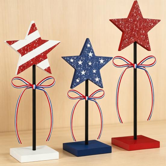 3 Pcs 4th of July Wooden Star Signs, Red White Blue Glitter Patriotic Star Table Centerpiece for Independence Day, Tiered Tray, Tabletop Decor
