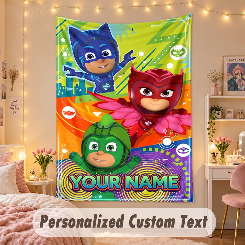 Custom Personalized Tapestry,PJ Mask Print Custom Name Text Wall Art Hanging for Bedroom