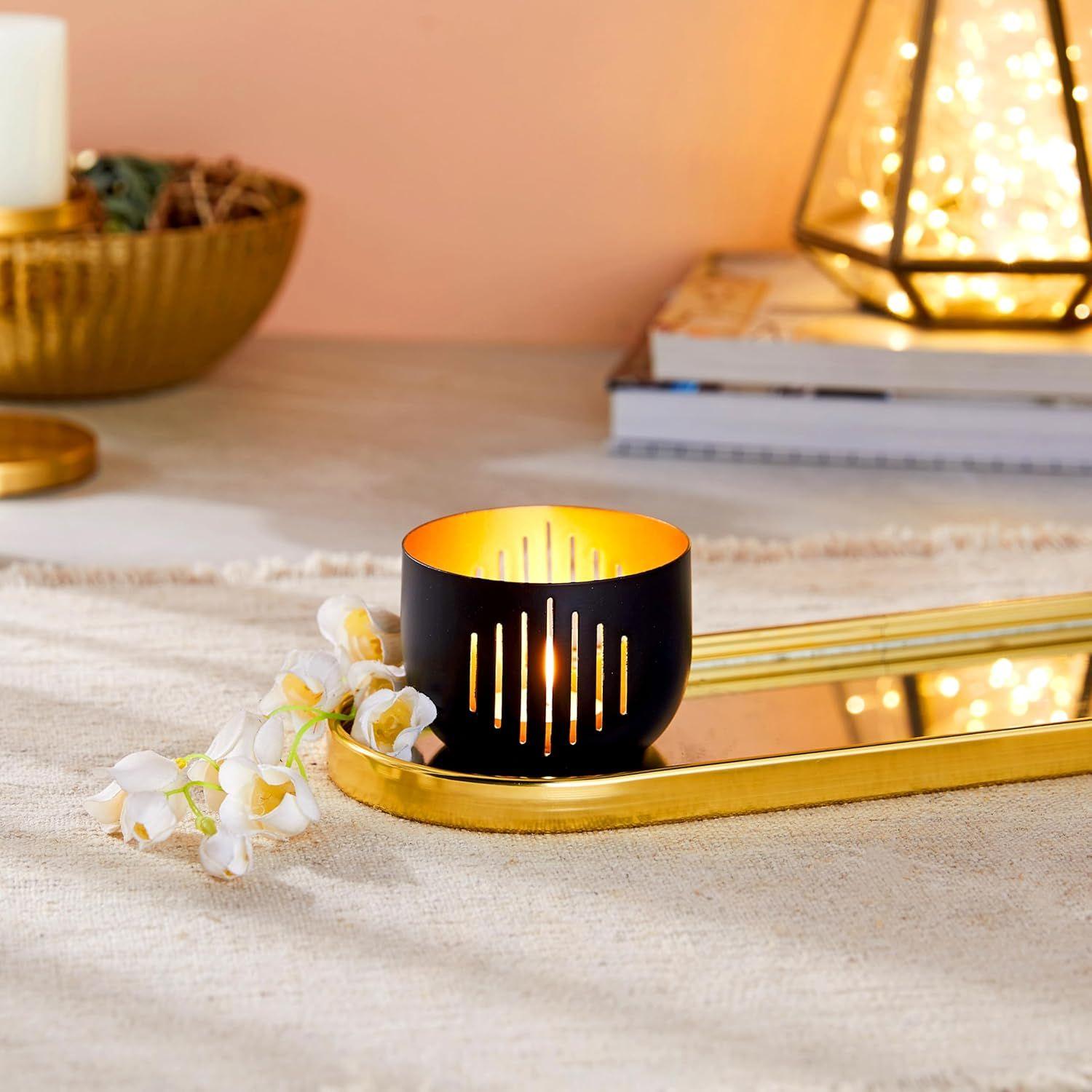 

Декоративный кованый подсвечник для чайной свечи | Стильный | для декора в помещении и на улице (Матовый черный с золотом)