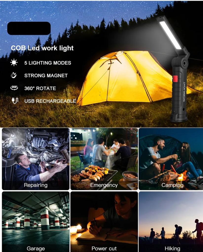 USB Rechargeable Camping LED Flashlight Work Light with Magnet and Hook Waterproof 5 Lighting Modes Suitable for Night Work Lamp