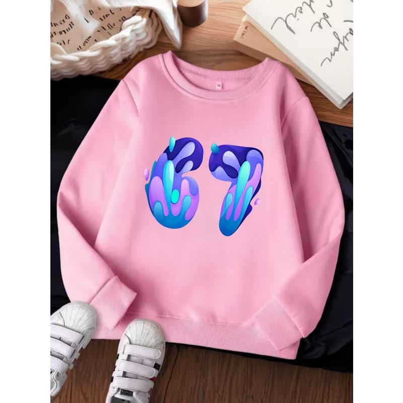 Unisex Kids Crewneck Sweatshirt For Over 4 Years Old Boys Girls Gradient Liquid Drip Number 67 Print Soft Fleece Long Sleeve Pullover For 4-12 Kids