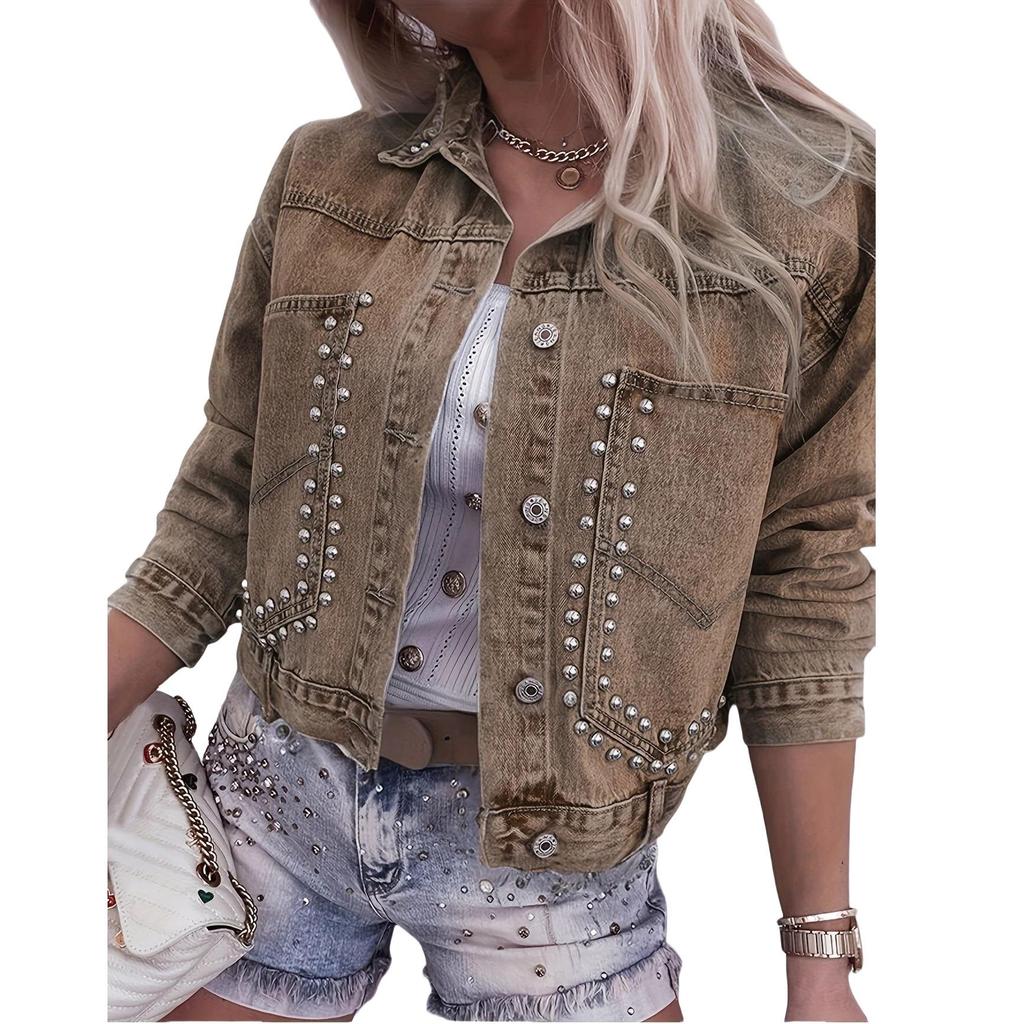 New Arrival Women's Plus Size Beaded Stretch Denim Top Jacket