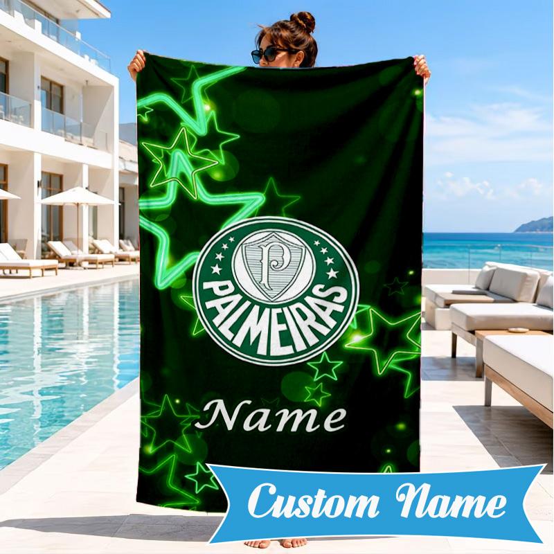 Custom Name Beach Towel Green Palm Tree Emblem Microfiber Beach Towel, Lightweight for Summer Travel, Swimming Pool Fan Birthday Gift