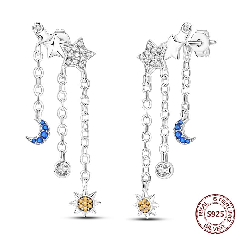 Shining Blue Zircon Owl Earrings 925 Silver Evil Eyes Earrings for Women Wedding Engagement Planet Moon Star Zirconia Jewelry