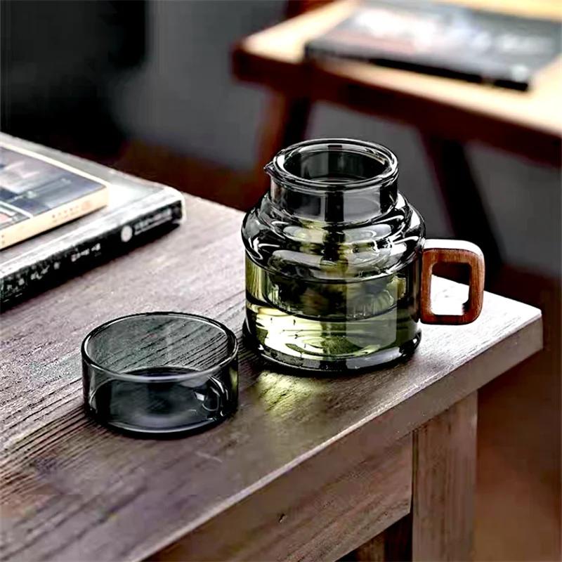 400ml Reusable Heat Resistant Glass Tea Cup with Infuser Filter and Wooden Handle Office Tea Separation Mug Flower Tea Mugs