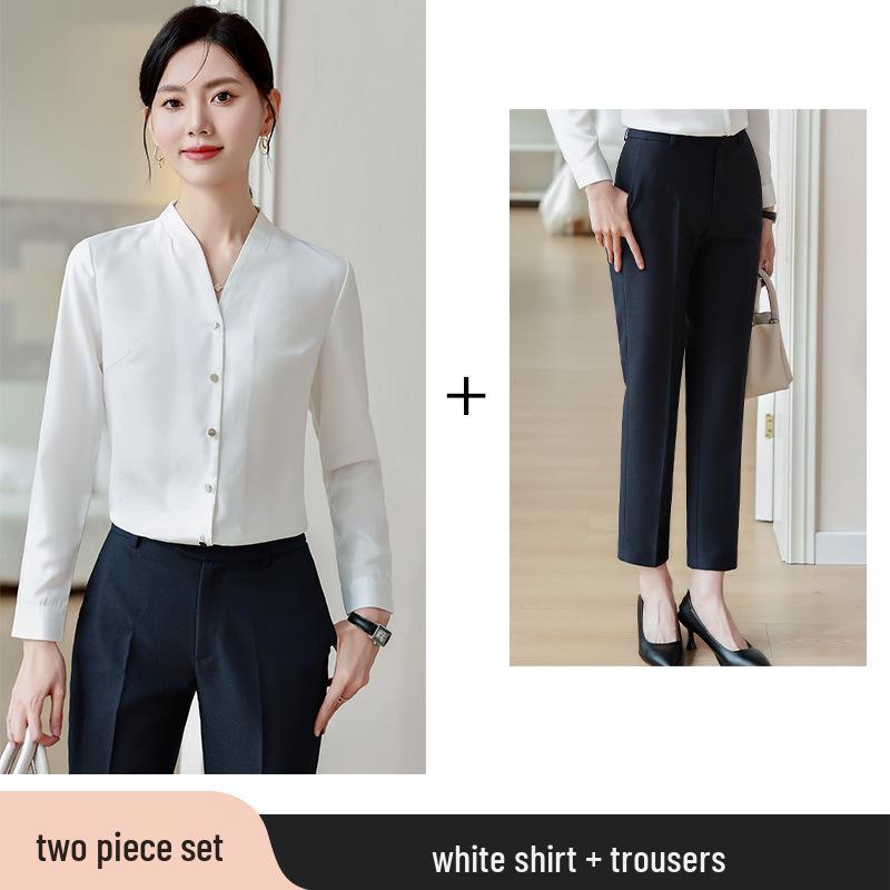 Women's Retro Hong Kong V-Neck Chiffon Shirt - Long Sleeve, Loose Fit, Stylish Workwear for Spring/Autumn