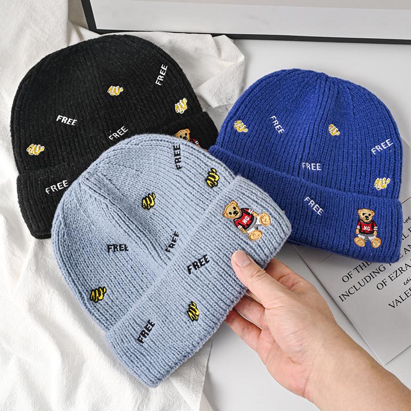 Hat Female autumn and winter wool hat Versatile embroidered letter knitted outdoor riding warm cute bear pullover hat