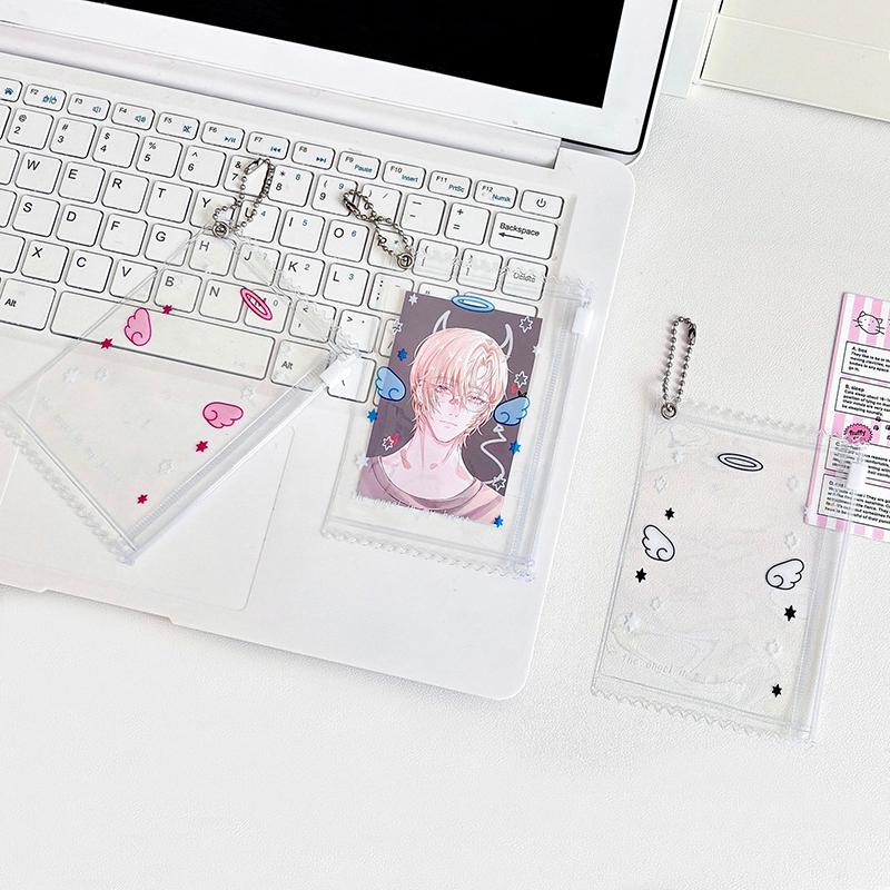 Transparent Photocard Holder Keychain Kawaii Angel Wings Photo Zipper Card Sleeves Portable Card Display Protector Pendant