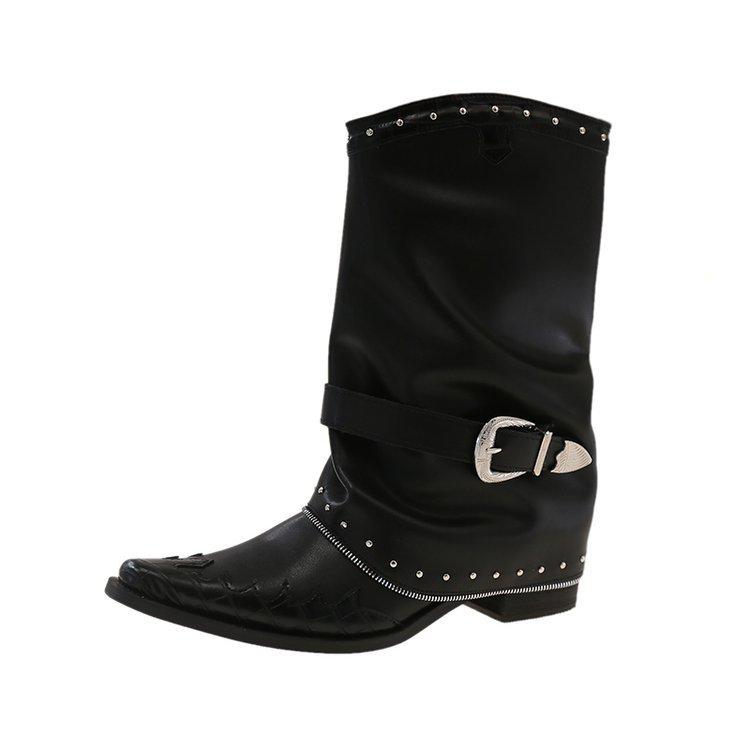 Cowhide Version~ Retro Rivet Martin Boots Pointed Mid-tube Boots Women's Fried Street Thick Heel Height Increase Versatile Martin Boots