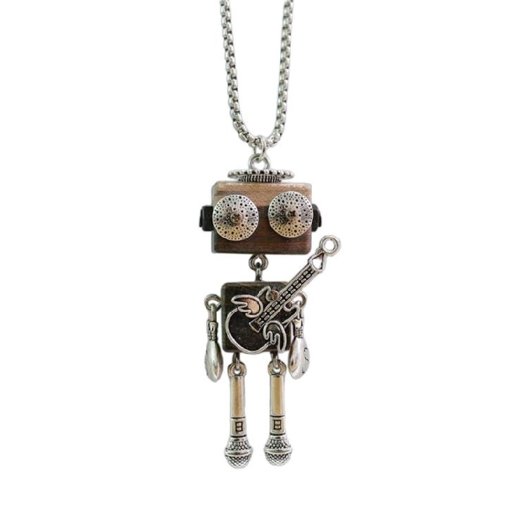 DIY Wooden Robot Pendant Necklace Unisex Clavicle Chain Punk Chokers for Women