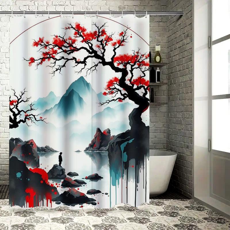 Waterproof Shower Curtain with Red Tree and Mountain Landscape - Modern Bathroom Decor